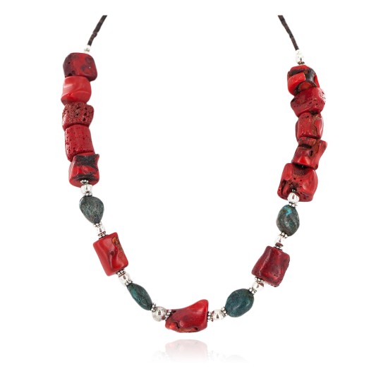 .925 Sterling Silver Certified Authentic Navajo Turquoise Coral Native American Necklace 24511-9