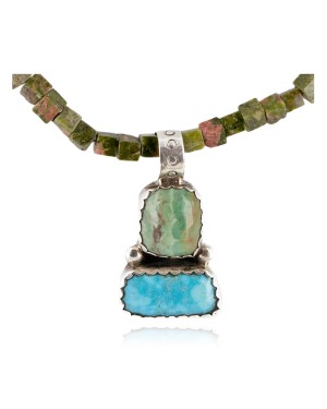 .925 Sterling Silver Certified Authentic Navajo Turquoise Jasper Native American Necklace 14389-50-790101