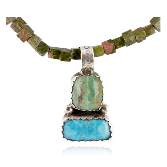 .925 Sterling Silver Certified Authentic Navajo Turquoise Jasper Native American Necklace 14389-50-790101