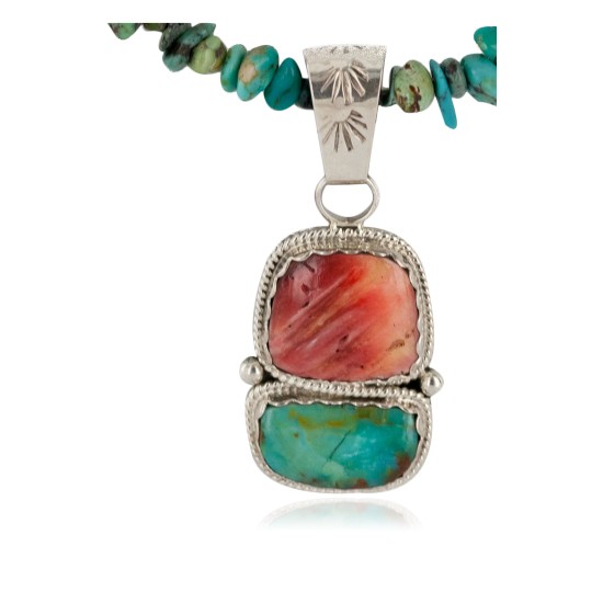 .925 Sterling Silver Certified Authentic Navajo Turquoise Spiny Oyster Native American Necklace 24415-1-25289