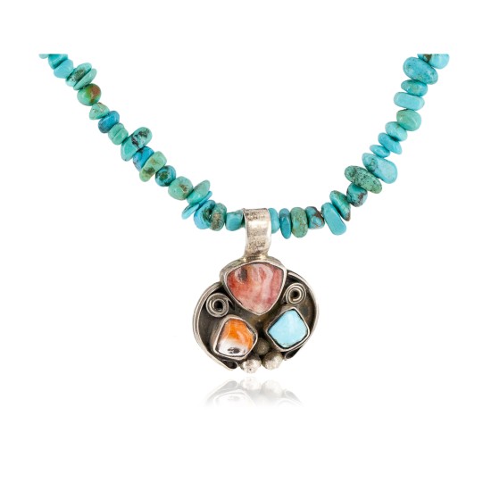 .925 Sterling Silver Certified Authentic Navajo Turquoise Spiny Oyster Native American Necklace  34105-3-14869