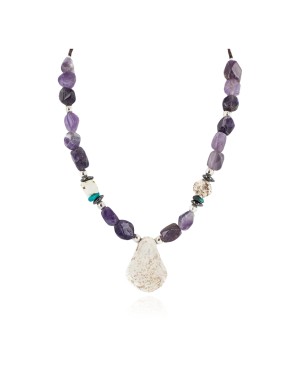 .925 Sterling Silver Certified Authentic Navajo White Howlite Amethyst Hematite Native American Necklace 750232-3