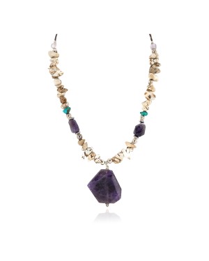 .925 Sterling Silver Certified Authentic Navajo White Howlite Amethyst Native American Necklace 750227-3