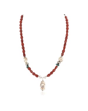 .925 Sterling Silver Certified Authentic Navajo White Howlite Red Jasper Native American Necklace 24511-3