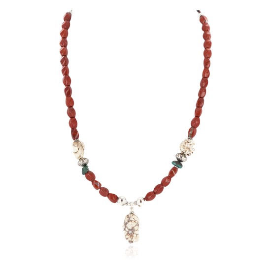 .925 Sterling Silver Certified Authentic Navajo White Howlite Red Jasper Native American Necklace 24511-3