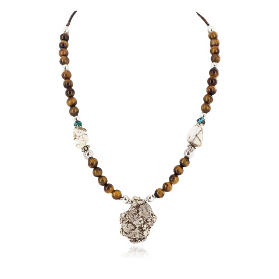 .925 Sterling Silver Certified Authentic Navajo White Howlite Tigers Eye Native American Necklace 750224-3