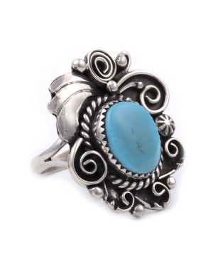 .925 Sterling Silver Flower Certified Authentic Handmade Navajo Native American Natural Turquoise Ring  13225