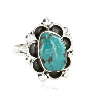 .925 Sterling Silver Flower Handmade Certified Authentic Navajo Natural Turquoise Native American Ring  17000-1
