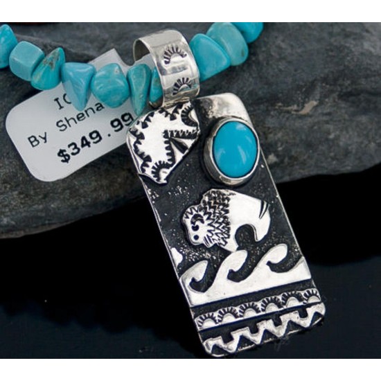 .925 Sterling Silver Handmade Buffalo Certified Authentic Navajo Turquoise Native American Necklace 390651258950