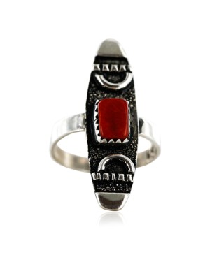 .925 Sterling Silver Handmade Certified Authentic Navajo Coral Native American Ring  12646-9