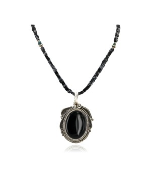 .925 Sterling Silver Handmade Certified Authentic Navajo Inlaid Natural Turquoise Snowflake Black Onyx Native American Necklace 24409-1-1588