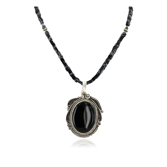 .925 Sterling Silver Handmade Certified Authentic Navajo Inlaid Natural Turquoise Snowflake Black Onyx Native American Necklace 24409-1-1588