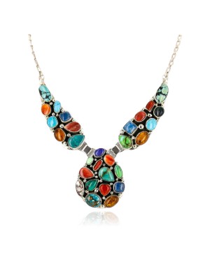 .925 Sterling Silver Handmade Certified Authentic Navajo Multicolor Coral, Lapis, Turquoise Native American Necklace 25100