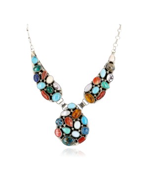 .925 Sterling Silver Handmade Certified Authentic Navajo Multicolor Natural Turquoise, Coral, Lapis Native American Necklace 17890