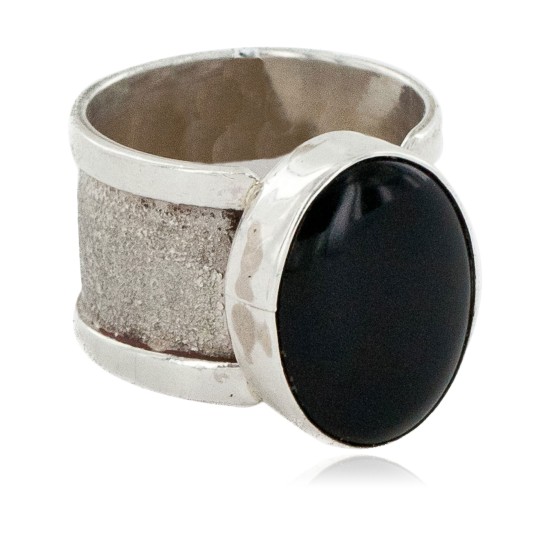 925 Sterling Silver Handmade Certified Authentic Navajo Natural Black Onyx Native American Ring  24428-3