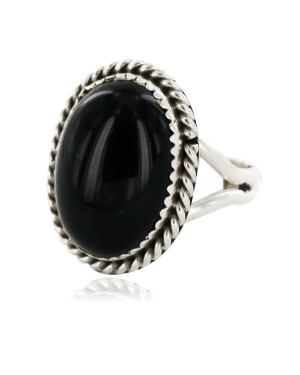 .925 Sterling Silver Handmade Certified Authentic Navajo Natural Black Onyx Oval Native American Ring  16998-2