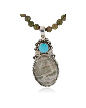 .925 Sterling Silver Handmade Certified Authentic Navajo Natural Jasper and Turquoise Native American Necklace 14747-8-102235