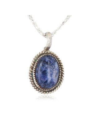 .925 Sterling Silver Handmade Certified Authentic Navajo Natural Lapis Native American Necklace 12885-2