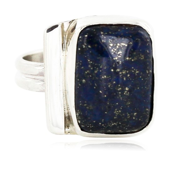 .925 Sterling Silver Handmade Certified Authentic Navajo Natural Lapis Native American Ring  26103-3