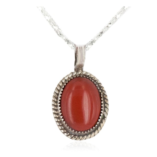 .925 Sterling Silver Handmade Certified Authentic Navajo Natural Red Jasper Native American Necklace 12885-3