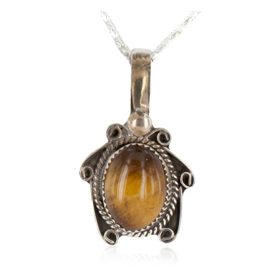 .925 Sterling Silver Handmade Certified Authentic Navajo Natural Tigers Eye Native American Necklace 12674-1