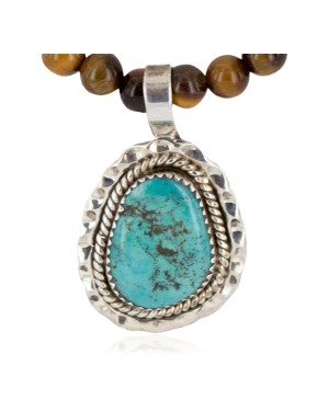 .925 Sterling Silver Handmade Certified Authentic Navajo Natural Tigers Eye Turquoise Native American Necklace 12554-8-10225