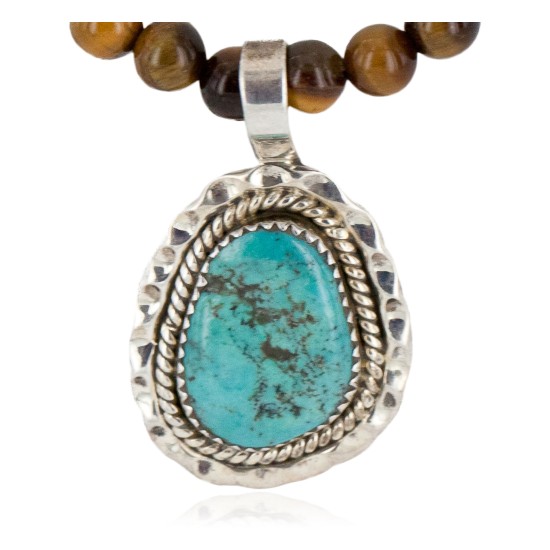 .925 Sterling Silver Handmade Certified Authentic Navajo Natural Tigers Eye Turquoise Native American Necklace 12554-8-10225