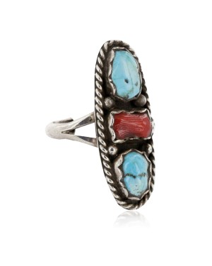 .925 Sterling Silver Handmade Certified Authentic Navajo Natural Turquoise and Coral Native American Ring  16862