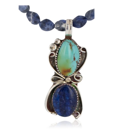 .925 Sterling Silver Handmade Certified Authentic Navajo Natural Turquoise and Lapis Native American Necklace 1489-5-10225