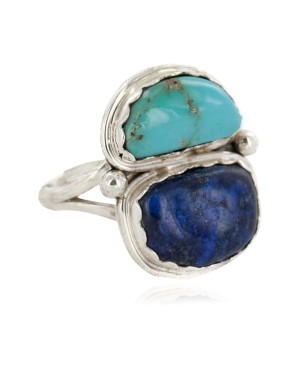 .925 Sterling Silver Handmade Certified Authentic Navajo Natural Turquoise and Lapis Native American Ring  17002-12