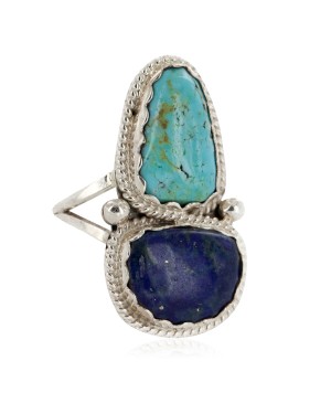 .925 Sterling Silver Handmade Certified Authentic Navajo Natural Turquoise and Lapis Native American Ring  17002-4