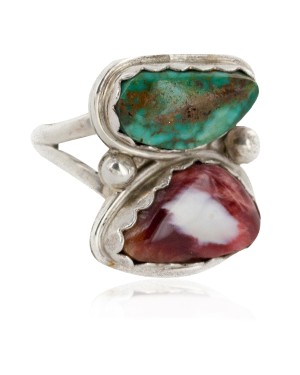 .925 Sterling Silver Handmade Certified Authentic Navajo Natural Turquoise and Spiny Oyster Native American Ring  16982-1