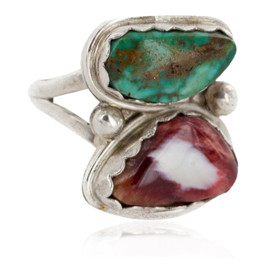 .925 Sterling Silver Handmade Certified Authentic Navajo Natural Turquoise and Spiny Oyster Native American Ring  16982-1