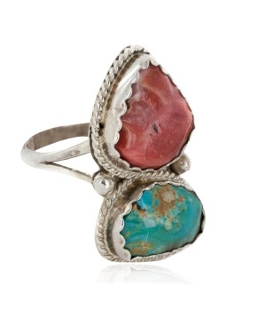 .925 Sterling Silver Handmade Certified Authentic Navajo Natural Turquoise and Spiny Oyster Native American Ring  16989