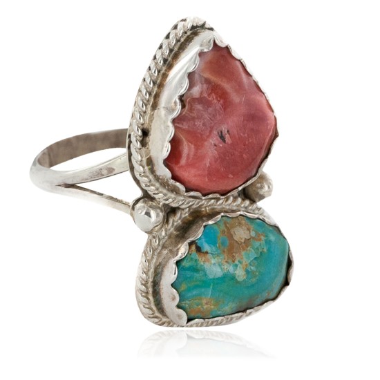 .925 Sterling Silver Handmade Certified Authentic Navajo Natural Turquoise and Spiny Oyster Native American Ring  16989