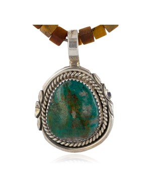 .925 Sterling Silver Handmade Certified Authentic Navajo Natural Turquoise and Tigers Eye Native American Necklace 14863-1-10225