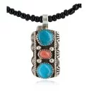 .925 Sterling Silver Handmade Navajo Natural Turquoise Coral Black Onyx Native American Necklace 12556-8-16083-4