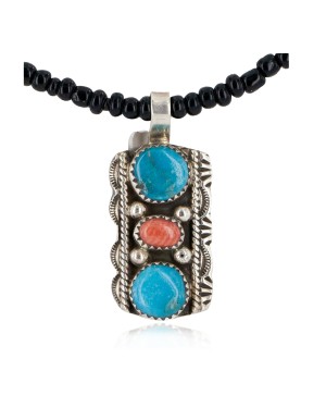 .925 Sterling Silver Handmade Certified Authentic Navajo Natural Turquoise Coral Black Onyx Native American Necklace 12556-8-16083-4