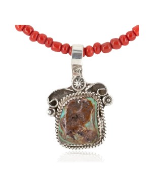 .925 Sterling Silver Handmade Certified Authentic Navajo Natural Turquoise Coral Native American Necklace 12816-16083