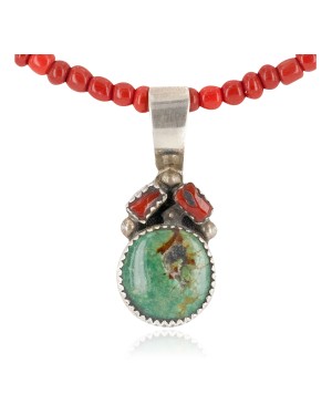 .925 Sterling Silver Handmade Certified Authentic Navajo Natural Turquoise Coral Native American Necklace 14164-12-16083-1