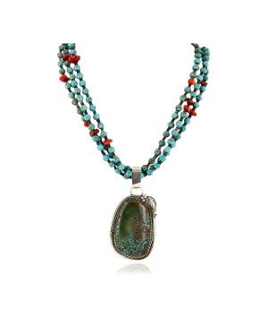 .925 Sterling Silver Handmade Certified Authentic Navajo Natural Turquoise Coral Native American Necklace 14984-15777