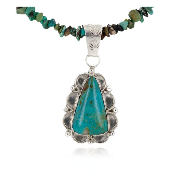.925 Sterling Silver Handmade Certified Authentic Navajo Natural Turquoise Coral Native American Necklace 24415-5-14820