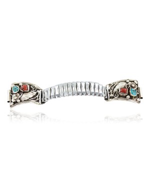 .925 Sterling Silver Handmade Certified Authentic Navajo Natural Turquoise Coral Native American Watchband 1131