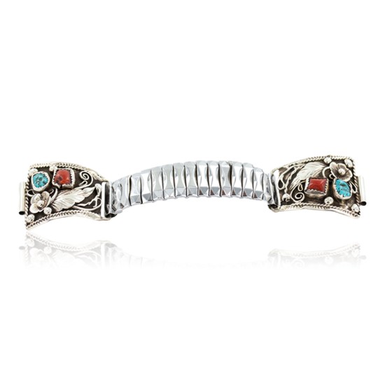 .925 Sterling Silver Handmade Certified Authentic Navajo Natural Turquoise Coral Native American Watchband 1131