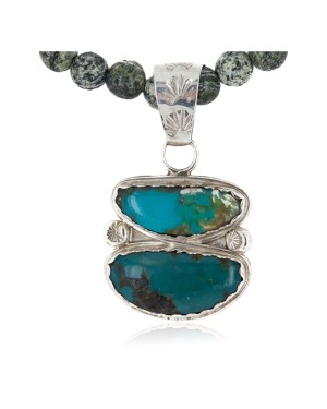 .925 Sterling Silver Handmade Certified Authentic Navajo Natural Turquoise Jasper Hematite Native American Necklace 24411-5-16076-1