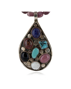 .925 Sterling Silver Handmade Certified Authentic Navajo Natural Turquoise Multicolor Stones Native American Necklace 16048-16047-4
