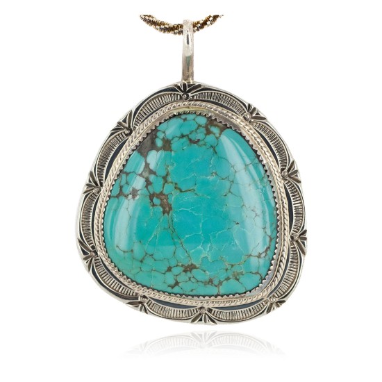 .925 Sterling Silver Handmade Certified Authentic Navajo Natural Turquoise Native American Necklace 15054