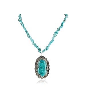 .925 Sterling Silver Handmade Certified Authentic Navajo Natural Turquoise Native American Necklace 15055-15409