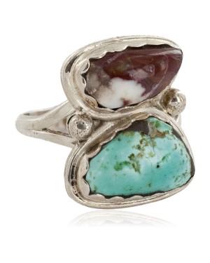 .925 Sterling Silver Handmade Certified Authentic Navajo Natural Turquoise Purple Spiny Oyster Native American Ring  16982-4