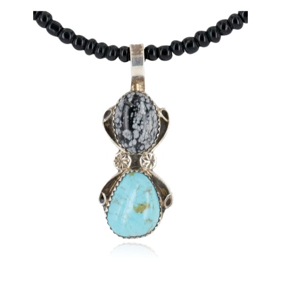 .925 Sterling Silver Handmade Certified Authentic Navajo Natural Turquoise Snowflake stone Black Onyx Native American Necklace 14124-19-16083-3